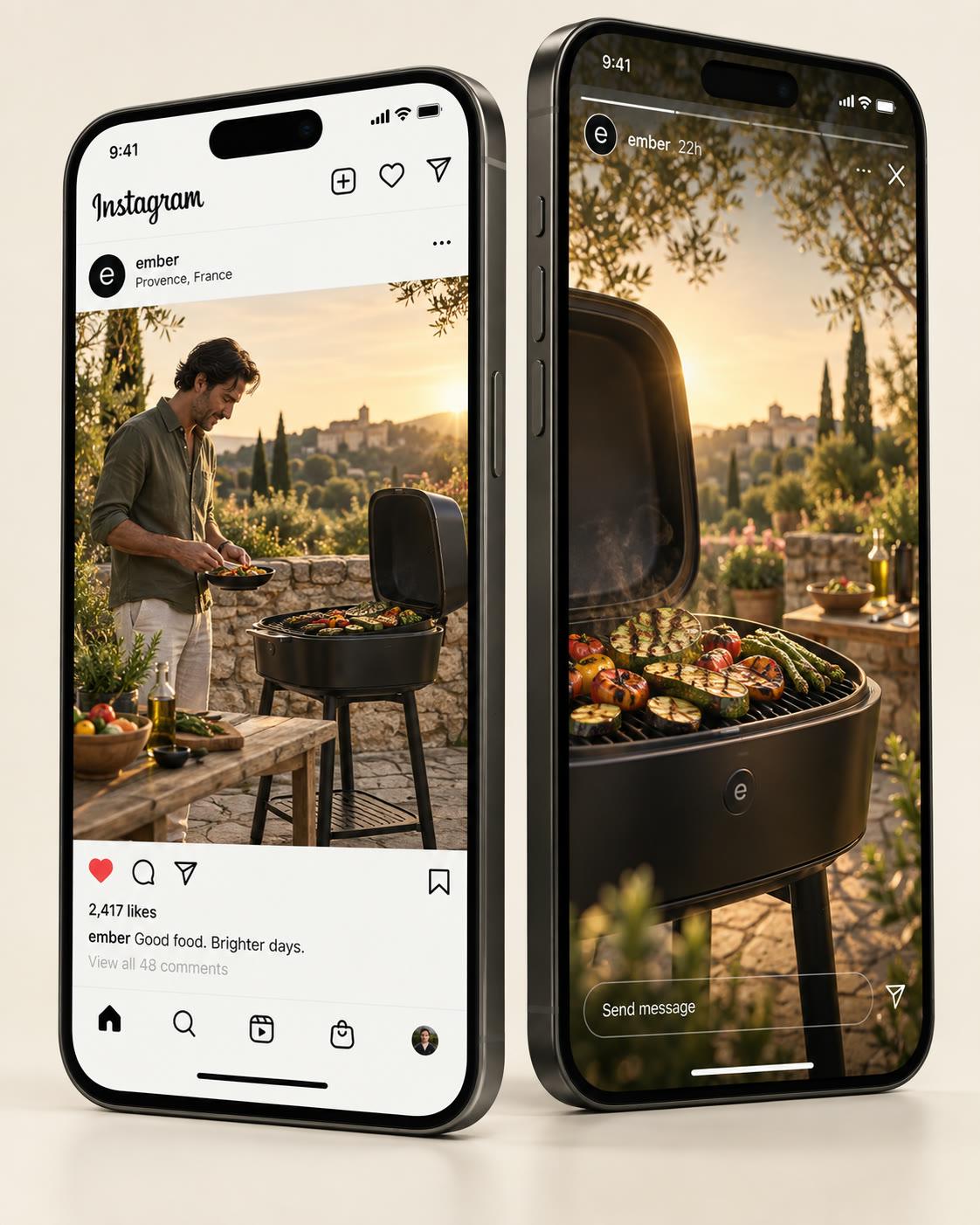 A garden grill campaign shown on two phones as an Instagram post and a story